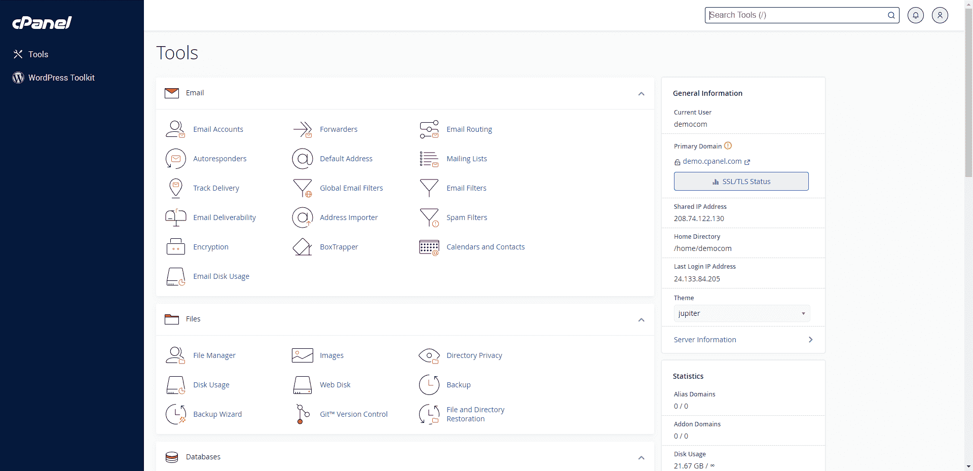 The cPanel dashboard